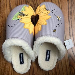 Lands End house slippers with sunflower design.